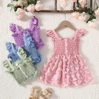 Детское платье с бабочкой для маленьких девочек, однотонное платье принцессы без рукавов из тюля с оборками, летнее платье для дня рождения для малышей, праздничная одежда