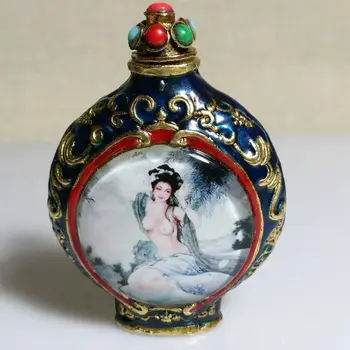 Китайская антикварная люминесцентная бутылка для нюхательного табака обнаженной женской красоты с эмалью