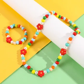 Makersland Разноцветные цветы-бабочки Деревянные бусины Детский браслет-ожерелье Подарок для девочек Ювелирные аксессуары Оптом