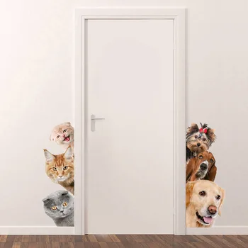 Забавная 3D наклейка на дверь с кошкой и собакой для детской комнаты, спальни, домашнего декора, фоновых художественных надписей, украшений комнаты, милых животных, наклеек