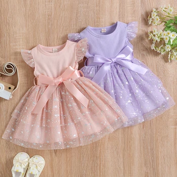 FOCUSNORM Летнее платье принцессы для маленьких девочек от 0 до 4 лет с оборками и рукавами-фонариками, трикотажное платье-пачка в рубчик с блестками и звездами, кружевное платье-пачка в стиле пэчворк