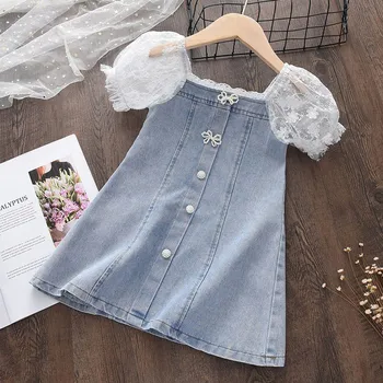 Мода 2023, Летнее джинсовое платье для маленьких девочек, Белое кружевное платье принцессы трапециевидной формы с пышными рукавами, детская одежда от 2 до 8 лет