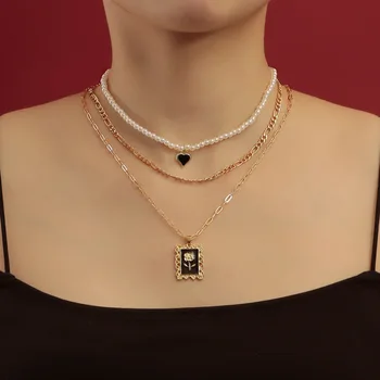 Новое трехслойное ожерелье из искусственного жемчуга с черной розой в форме сердца, женские модные украшения для вечеринок в стиле хип-хоп