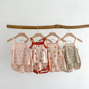 Комплект одежды для новорожденных девочек, Летний хлопковый костюм для маленьких девочек, топы на подтяжках, футболка + шорты, костюм, повседневный спортивный костюм для младенцев