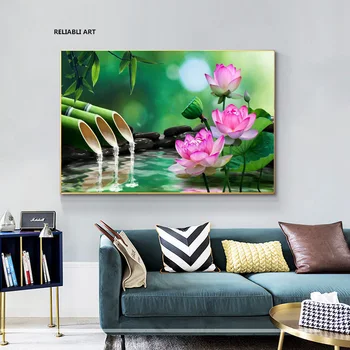 Зеленый бамбук, Лотос в воде, настенные плакаты, картины на холсте, домашний декор, Каменный цветок, картины для гостиной
