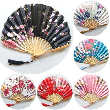 Ручные веера в китайском стиле, шелковые бамбуковые складные веера с цветочным рисунком, ручной свадебный ручной веер, танцевальный винтажный веер