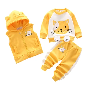 Зимний комплект одежды для девочек с мультяшным котом на 1, 2, 3, 4 года, подкладка с плюшевым жилетом + куртка + брюки, комплект одежды из 3 предметов, костюм для детей