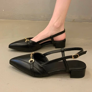 2023 Летняя женская обувь, босоножки с квадратным носком на толстом каблуке, женские однотонные металлические украшения на низком каблуке, Черные женские туфли на каблуке