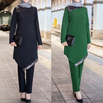 Модные мусульманские комплекты-двойки, однотонные женские топы и брюки, турецко-арабские платья с разрезом для молитвенных выходов и ежедневной доставки
