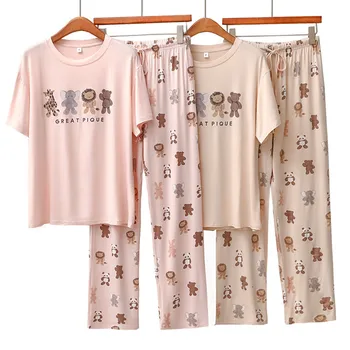 Японская пижама с животным принтом, женские брюки с коротким рукавом, повседневная домашняя одежда из модала, летняя пижама, женский ночной костюм