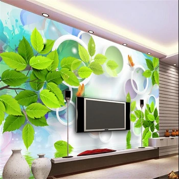 beibehang Индивидуальные обои из нетканого материала Dream Green Leaf Butterfly Circle 3D TV Background Настенная Роспись