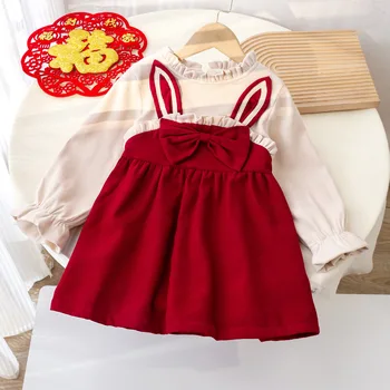 Китайское новогоднее платье для девочки с папой, плюшевое платье принцессы в западном стиле, детское красное новогоднее платье, платье