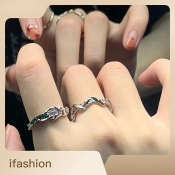 Кольцо с лунным камнем неправильной формы, волнообразная геометрия, Регулировка открытия кольца, Парное кольцо, женский винтажный стиль