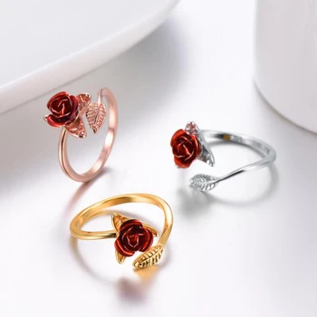 Открывающее кольцо с листьями Красной розы для женщин, украшенное цветами из горного хрусталя, Регулируемое кольцо на палец, подарок на помолвку на День Святого Валентина