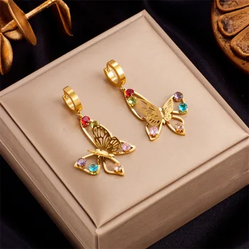 Серьги-кольца с бабочками из нержавеющей стали 316L для женщин, роскошные дизайнерские украшения для ушей с цирконами для девочек, подарки для вечеринок