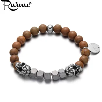 RUIMO, мужской браслет с подвесками в виде черепа в стиле панк, Натуральное дерево, камень и железняк, Эластичные браслеты и бижутерия Для мужчин и женщин