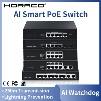 Коммутатор HORACO POE 8 Портов 10/100 Мбит/с Гигабитный с Сетевым Коммутатором IEEE 802.3af/at 4/5/6/10 Портов Для IP-камеры, Коммутатор AI Smart 48V