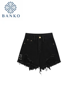 Американский стиль, ретро, однотонные рваные короткие джинсовые брюки трапециевидной формы с высокой талией, джинсы с кисточками, новинка 2023 года, уличная одежда Harajuku, клубная одежда