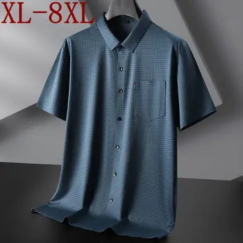 8XL 7XL 6XL 2023 Новая Летняя Высококачественная Ледяная Шелковая Дышащая Рубашка С Заплатками Мужская Брендовая Одежда В Английском Стиле Деловые Карманные Мужские Рубашки