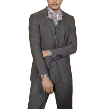 Британский стиль, темно-серые полосы, зубчатый лацкан, Однобортный мужской костюм из 3 предметов приталенного кроя для жениха, свадебная деловая официальная одежда