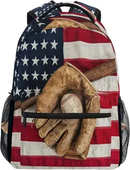 Бейсбольный рюкзак с рисунком американского флага для женщин и мужчин, 16-дюймовая прочная легкая сумка для книг, походный рюкзак для кемпинга