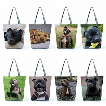 Сумки с принтом милой собачки, женские пляжные сумки большой емкости, переносная сумка для покупок с животными, Стаффордширский Бультерьер, Эко-сумка для покупок многоразового использования