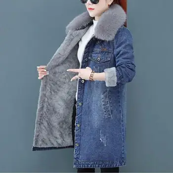 Женское зимнее джинсовое флисовое пальто с большим меховым воротником, кардиган средней длины с карманами и клапанами, теплые толстые повседневные женские куртки chaquetas куртки