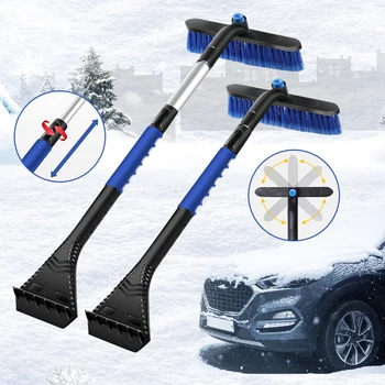 Выдвижной скребок для льда, щетка для снега, Съемный инструмент для удаления снега с ручкой из пенопласта, вращающаяся на 360 ° головка щетки, Скребок для снега для автомобиля
