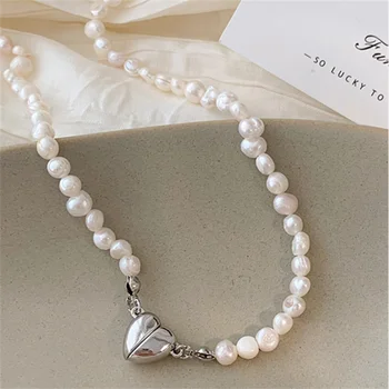 Колье-чокер с неправильной формы жемчугом для женщин и девочек, Магнитное ожерелье с подвеской в виде сердца цвета серебра, подарок другу