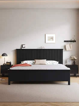 Скандинавская кровать из массива дерева с черным рисунком двуспальная современная простая спинка двухметровая большая кровать для хранения вещей в главной спальне
