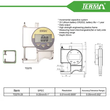 0-25 мм x 0,01 мм цифровой толщиномер марки TD270 TERMA промышленные прецизионные измерительные инструменты