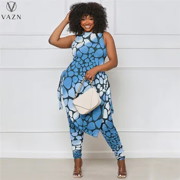 VAZN 2022 Весенний женский костюм в Африканском стиле, Повседневные комплекты в уличном стиле, топ без рукавов с круглым вырезом, Эластичные Длинные брюки, комплект с принтом