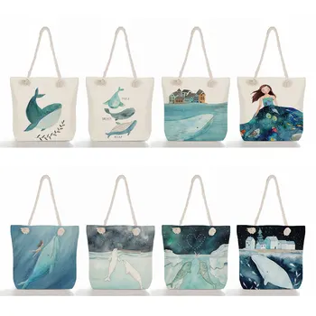 Льняная женская сумка-тоут через плечо Синяя дорожная пляжная сумка большой емкости Cute Girl Whale Sea Series Сумки с принтом Эко-сумка для покупок