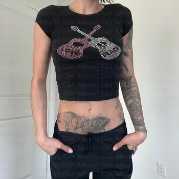 Уличная одежда в стиле готик-панк, укороченный топ с черными стразами, Винтажная повседневная женская футболка в стиле гранж, одежда Y2k, детская футболка в стиле панк для девочек-эмо