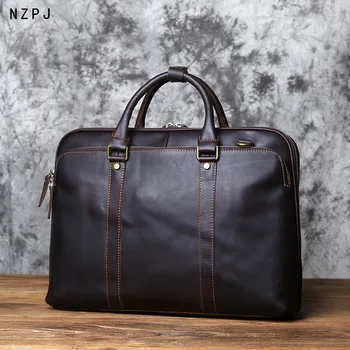 NZPJ Винтажная мужская сумка ручной работы из воловьей кожи с верхним слоем, вместительная деловая сумка для компьютера, мужская диагональная сумка через плечо