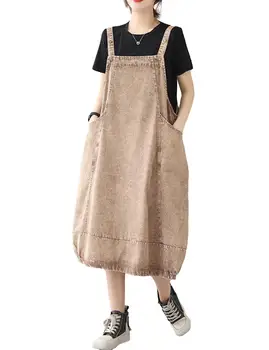 Женское винтажное повседневное платье на бретелях Idopy, свободные джинсовые юбки-фонарики