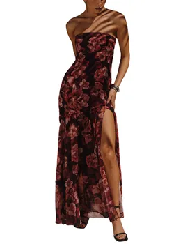 Женское Сексуальное облегающее платье Макси-труба Y2k с открытыми плечами, без бретелек, с оборками, Длинное платье трапециевидной формы, клубное платье с цветочной сеткой для вечеринок