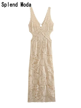 2023 Женская летняя мода, богемное Винтажное вязаное крючком длинное платье с вырезами, пляжный стиль, глубокий V-образный вырез, шикарные сексуальные платья TRAF