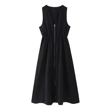 Позднее дождливое Черное женское летнее платье с V-образным вырезом и застежкой-молнией, простые модные облегающие женские юбки средней длины без рукавов