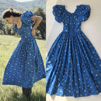 Весна и лето 2023, Новое платье с голубыми розами во французском стиле, ретро-романтическое платье с длинными пышными рукавами в стиле принцессы