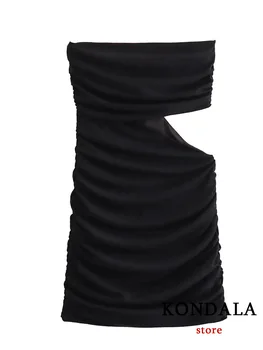 Женское платье KONDALA Sexy Chic, черное, однотонное, без бретелек, с вырезами, плиссированное летнее мини-платье, мода 2023, платье для вечеринки и ночного клуба.