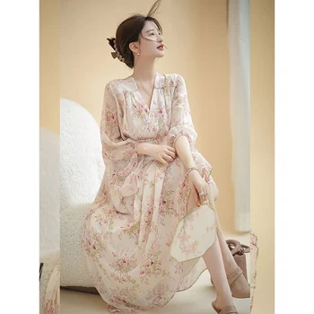 Весной и летом 2023 года Новая женская одежда-облегающее розовое платье с цветочным V-образным вырезом 0319