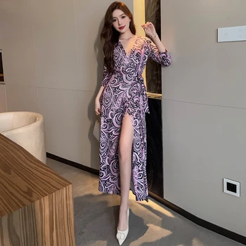 Женское летнее 2023 сексуальное Корейское платье с принтом, цельное пляжное длинное платье по щиколотку, элегантная праздничная повседневная одежда Макси, бесплатная доставка