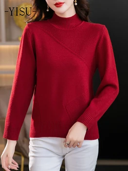 YISU, Новый пуловер, свитер, женский Свободный однотонный воротник в половину роста, Длинные рукава, вязаные свитера, Джемпер, женский свитер
