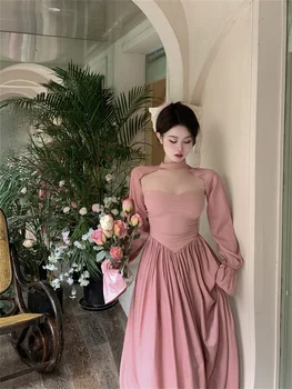 Элегантные женские комплекты розовых платьев 2023, Летние новые длинные платья с запахом+ трапециевидные платья без бретелек, Сексуальный женский комплект из двух предметов