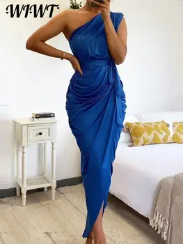Элегантное женское плиссированное платье на одно плечо, сексуальное облегающее платье-футляр с разрезом по бокам, миди-платья, женские синие вечерние платья на шнуровке