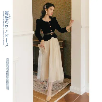 Весенне-осенний винтажный женский комплект юбок, вельветовая рубашка в стиле ретро во французском стиле + сетчатая юбка, женский элегантный костюм из 2 предметов