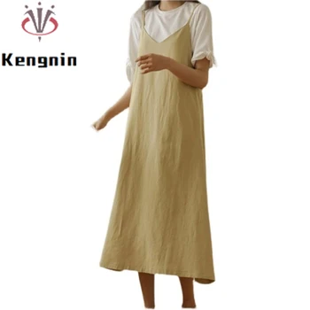 Плюс размер 5XL Женское Хлопчатобумажное льняное платье на бретельках 2023, Летнее Простое Сексуальное Женское платье без рукавов, Свободный Женский халат KE2449