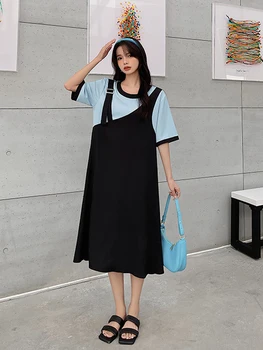 2023 Лето Новая Корейская мода поддельное женское платье из двух частей Vestidos Повседневные Свободные длинные платья большого размера с коротким рукавом для женщин
