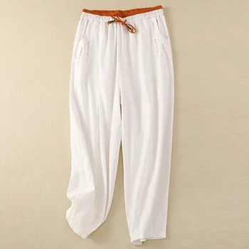 Весенние женские шаровары 2023, женские белые повседневные брюки, винтажные брюки из хлопка и льна с высокой талией.